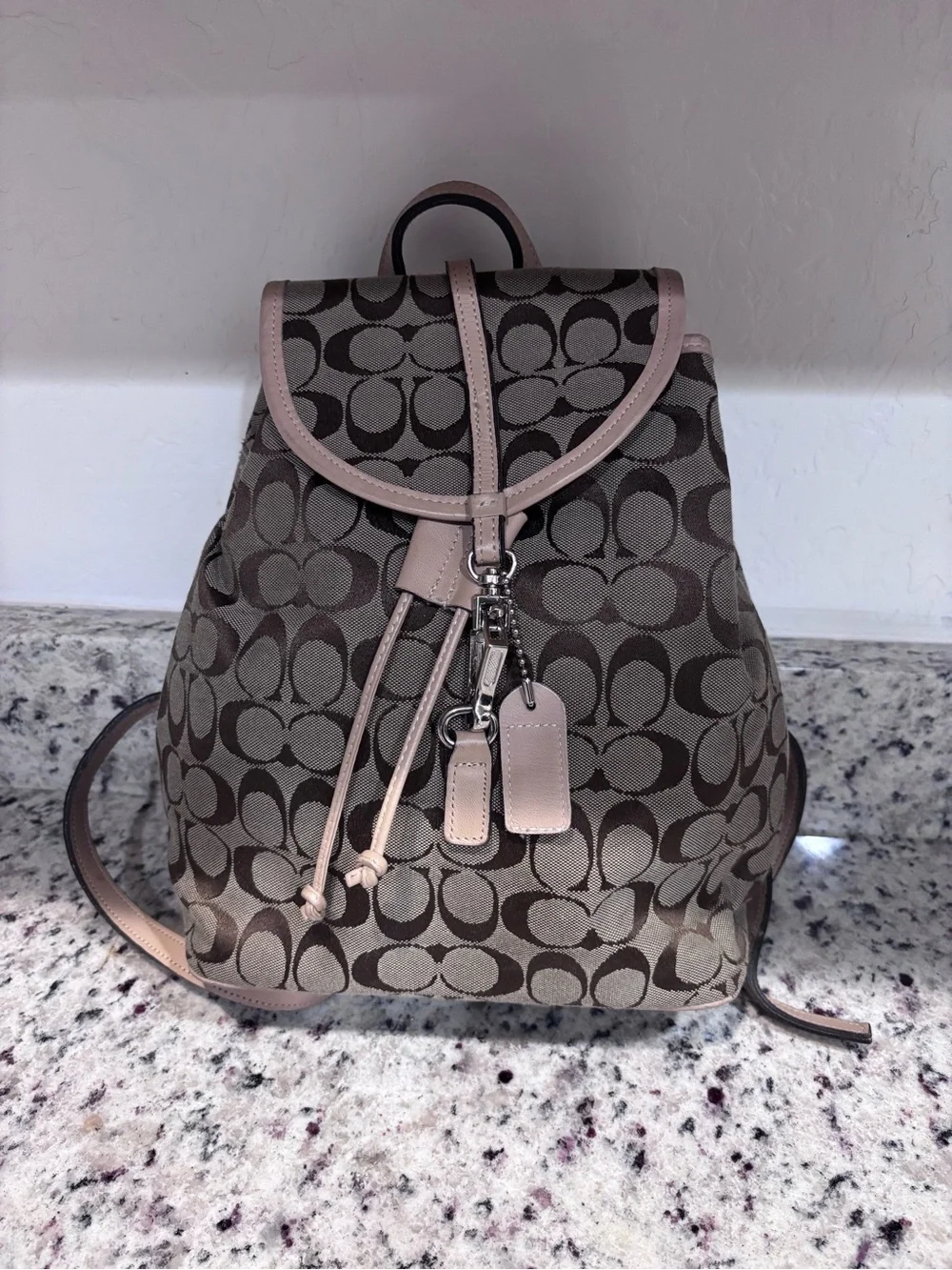 Coach Taupe Signature Canvas Backpack with Pale Pink Trim